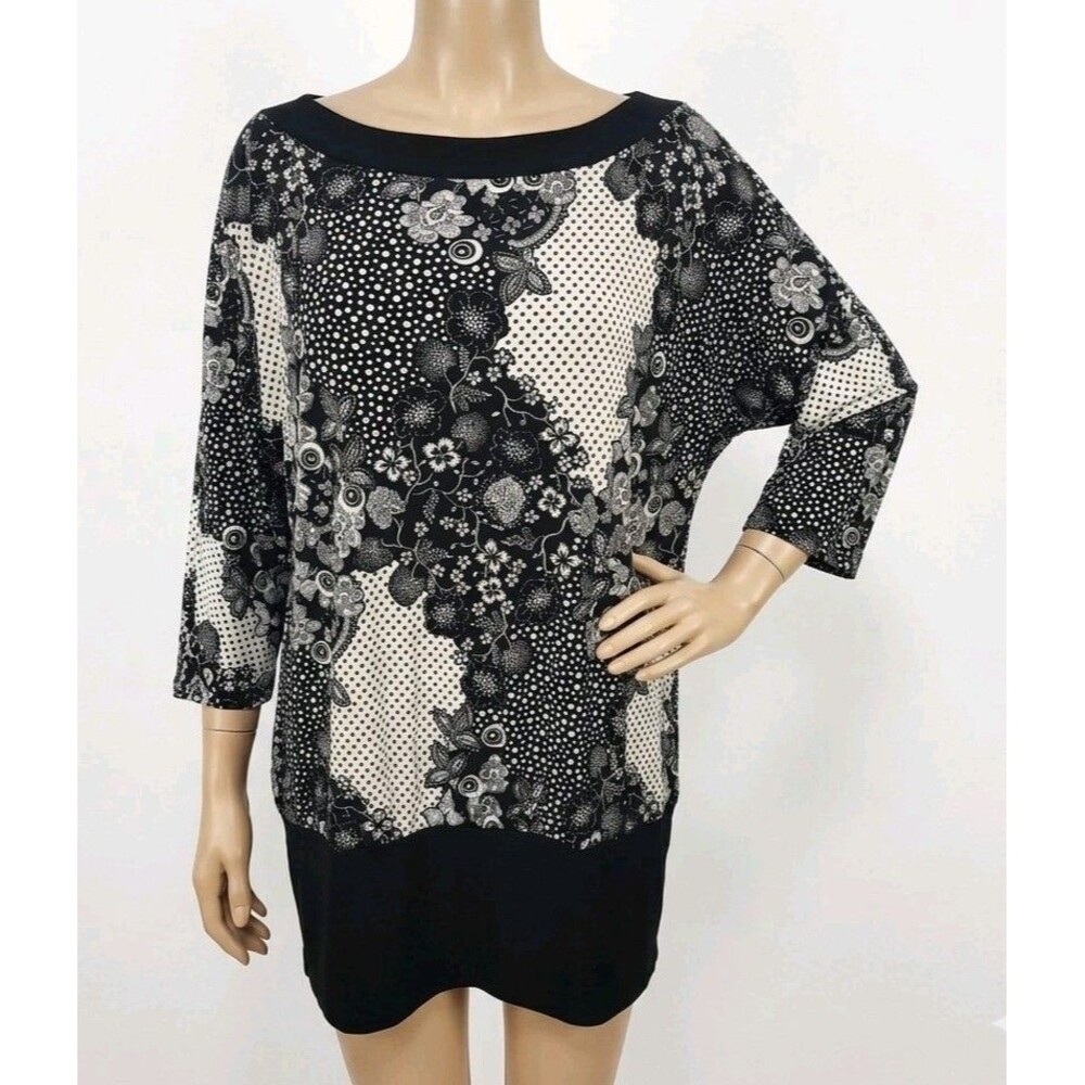Venezia Womens Tunic Top Size 22/24 Black Floral Flare Sleeve Pullover Band Hem